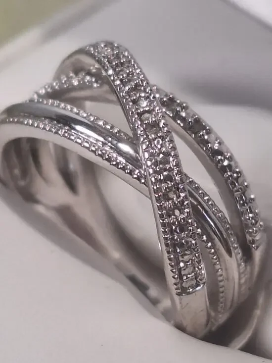 Silver Tone Criss Cross Ring Multi Band CZ Accents Infinity Style Size 6.5