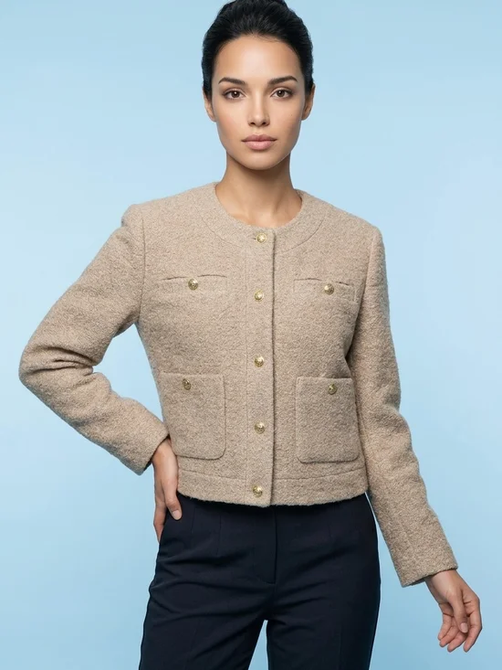 J. Crew Collection Neutral Beige Bouclé Gold-Button Cropped Jacket