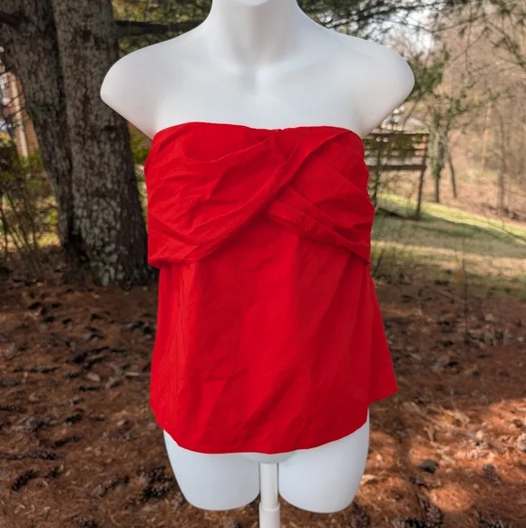 J. Crew Women's Red Poplin Strapless Gathered Bandeau Tube Top Sweetheart Size 6