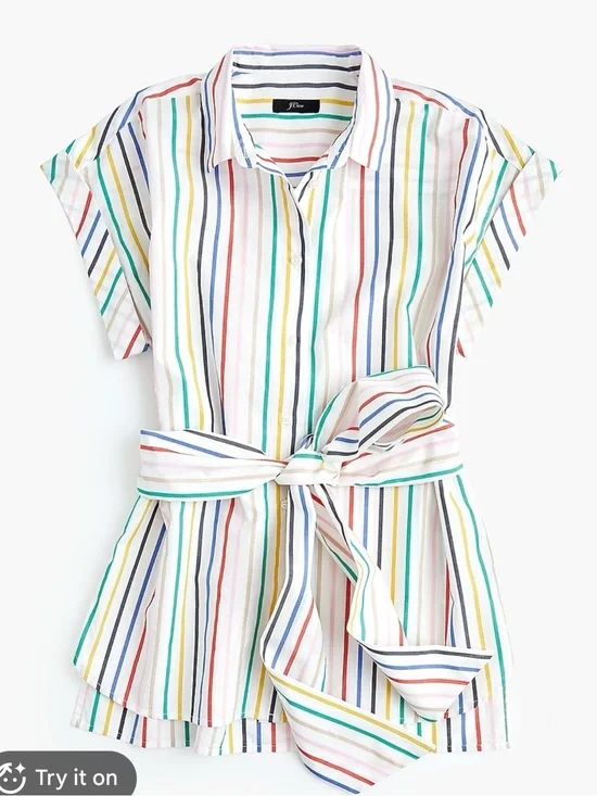 J Crew Button-front tie-waist top in rainbow mini stripe cotton poplin size L