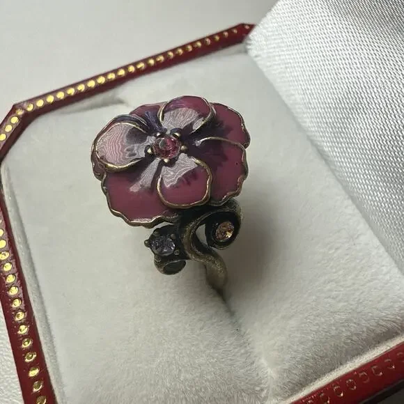 Vintage Anna Sui Enamel Pansy Flower Ring Y2K Goth Whimsigoth Pink Purple 6.5