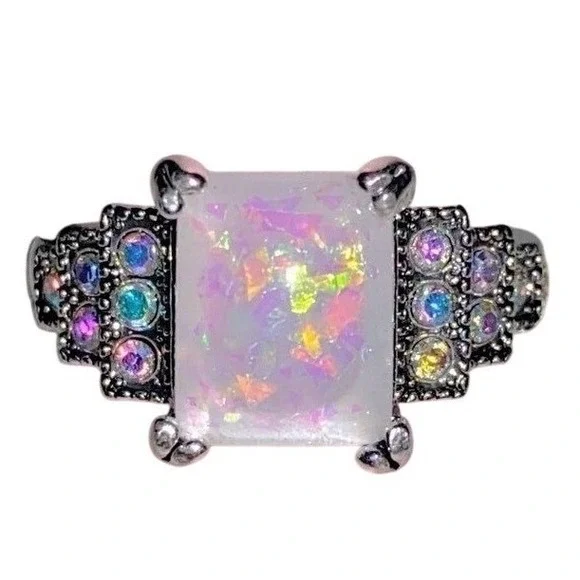 New Sz 9 Silver Opal Tiered Cluster Statement Square Cocktail Ring
