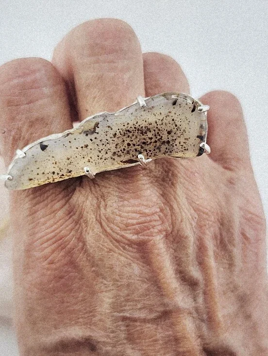 DENDRITIC GEMSTONE RING STATEMENT DESIGN HANDMADE RECYCLED STERLING SILVER 7.5