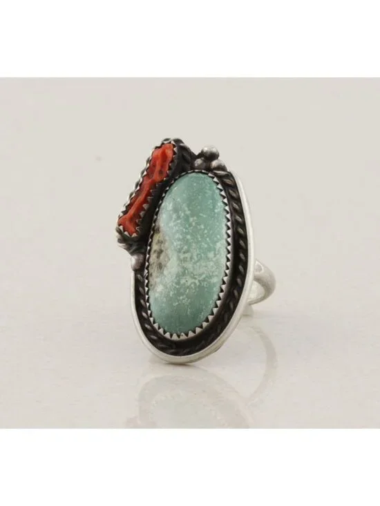 Sterling Silver Natural Turquoise & Coral Ring Size 7