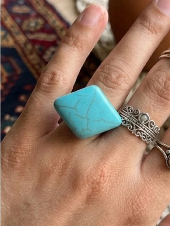 Chunky Architectural Synthetic Turquoise Block Ring Size 9