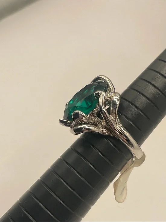 Sterling-Inspired Silver Ring with Emerald Green Gemstone