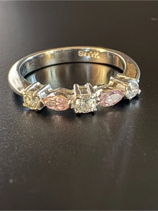 Sterling Silver Pink and Clear CZ Ring - FAS - Marquise Band - Size 6