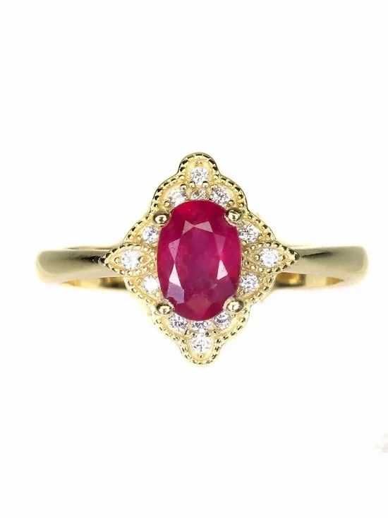 Stunning Natural 7x5mm Oval Ruby Zircon  accent in 14K Yellow GP Ring Size 6