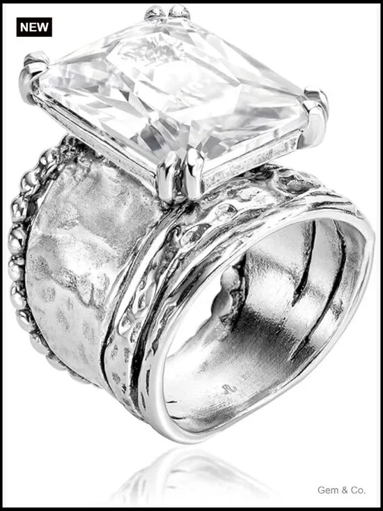 Vintage Hammered 925 Sterling Silver Octagon CZ Ring Size 8