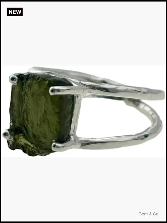 Rough Moldavite Silver Ring 925 Sterling Gemstone Certified Czech Statement Ring