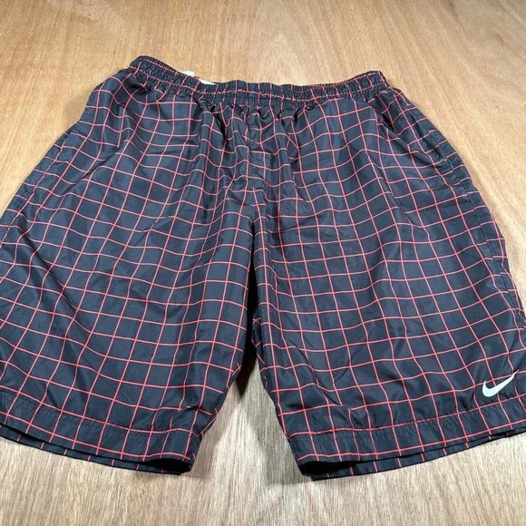 Nike Mens XXL(L) Volley Swim Athletic Shorts Black Red Grid Mesh Drawstring