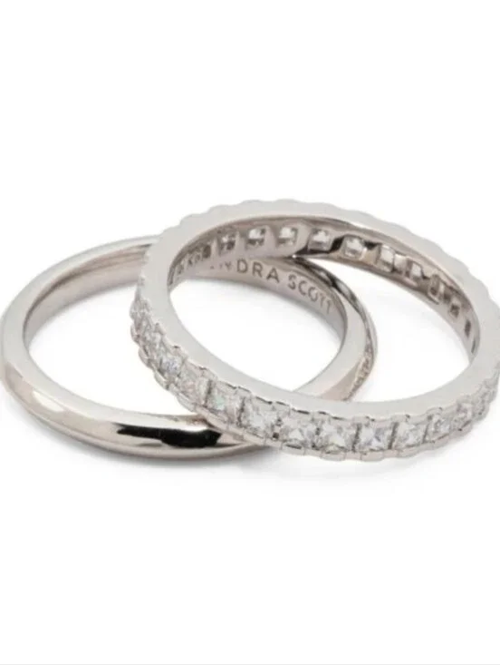Kendra Scott Ella Silver Ring Set White Crystal 7 New