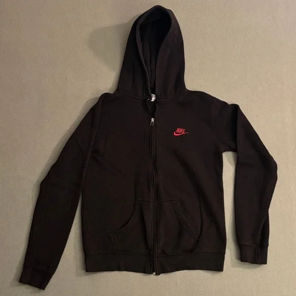 VTG 90's Nike Mens Full Zip Hoodie Black Red Logo Sportswear Fleece Size YL