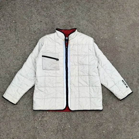 Nike White Quilted Jacket Stand-Up Collar Red Lining Zip Chest Pocket Men's L