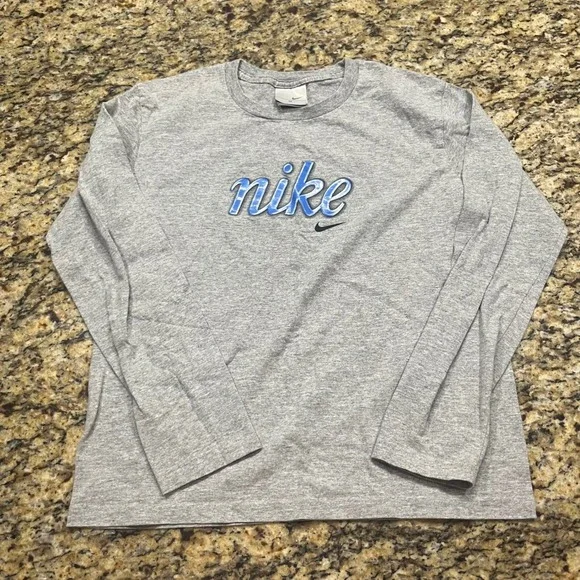 Nike Mens Long Sleeve T-Shirt Gray Blue Script Logo Crew Neck Size M
