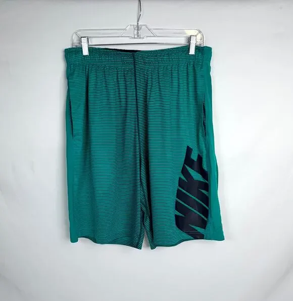 Nike Dri-FIT Mens Large Green Striped Athletic Shorts Drawstring Pockets Gym