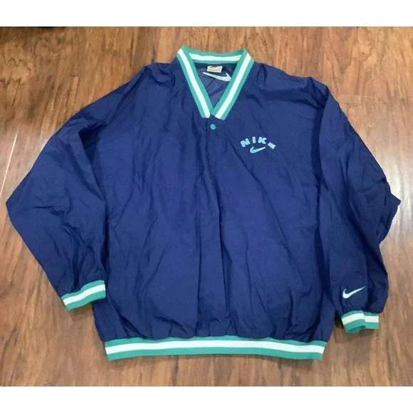 Vintage Nike V-Neck Windbreaker Men's L Rare 90's Swoosh Logos Navy Green White