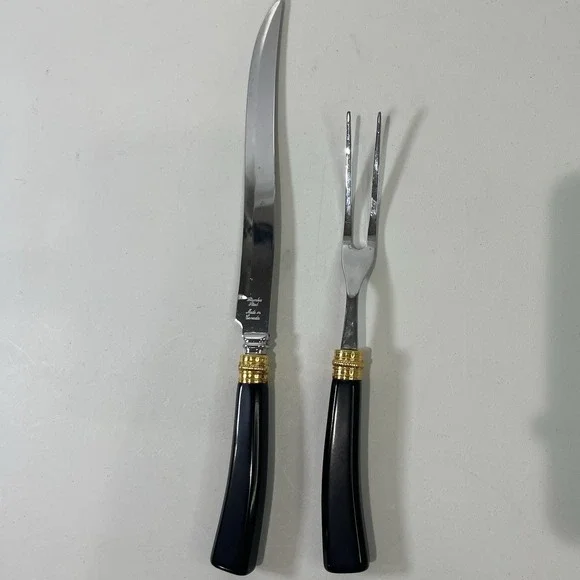 Vintage Glo Hill Carving Set Black Bakelite Gold Stainless Steel Utensils Canada