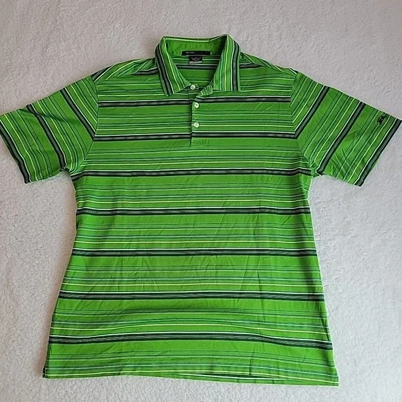 TIGER WOODS Collection NIKE Dri-Fit Mens L‎ Green Striped Polo Shirt