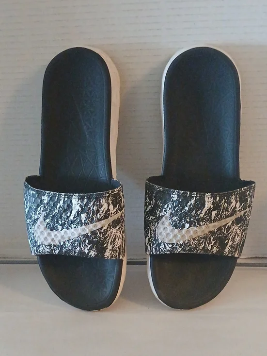 Nike Solarsoft Men's Black Marble Print Slide Sandals with White Swoosh