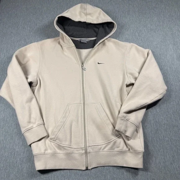Nike Hoodie Mens M Beige Cream Full Zip Fleece Swoosh Athletic‎ Sweatshirt y2k