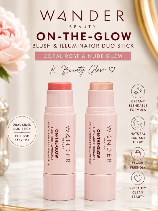 ✨ Wander Beauty On-The-Glow Blush & Illuminator Duo Stick Coral Rose & Nude Glow