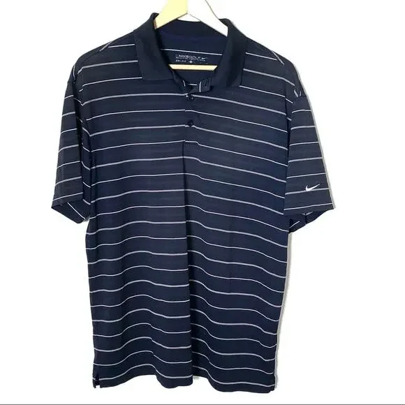 Nike golf dry fit polo shirt top navy blue w/ white stripes size L large B96