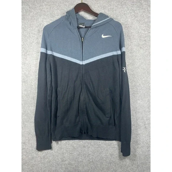 Nike Roger Federer RF Full Zip Knit Hoodie Sweater Wool Blend Black Grey Large