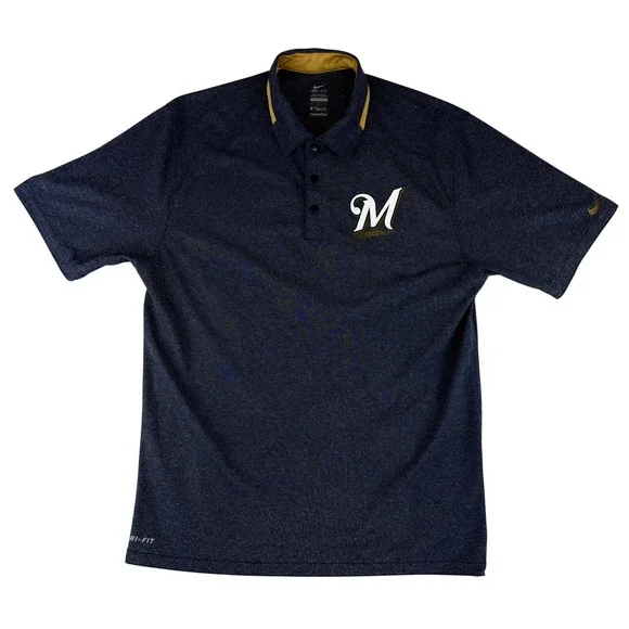Nike Milwaukee Brewers Polo Mens Medium Navy Blue MLB Dri-FIT 28942X-BW5