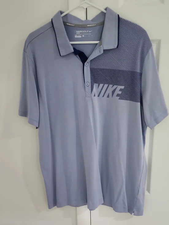 Nike Men's Light Blue Polo with Navy Graphic