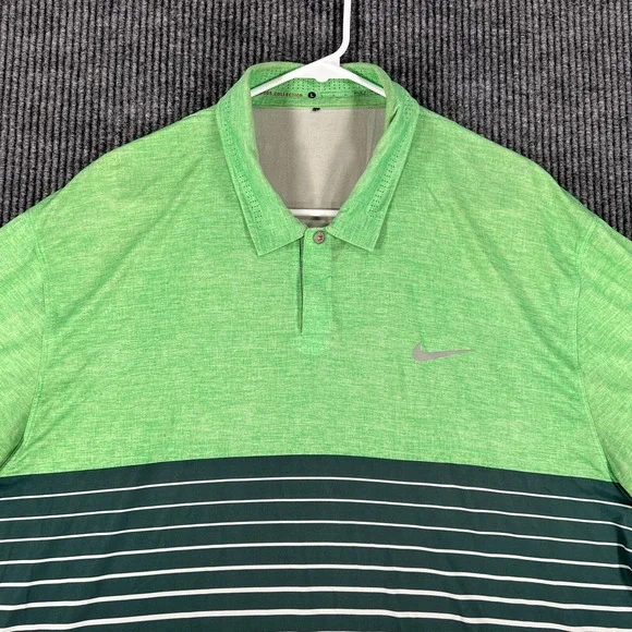 Nike‎ Tiger Woods Polo Mens Large Green Striped Short Sleeve Golf Outdoor