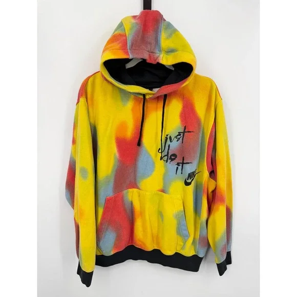 Nike Just Do It Tie Dye Pullover Hoodie Mens Large Yellow Red Blue Graphic