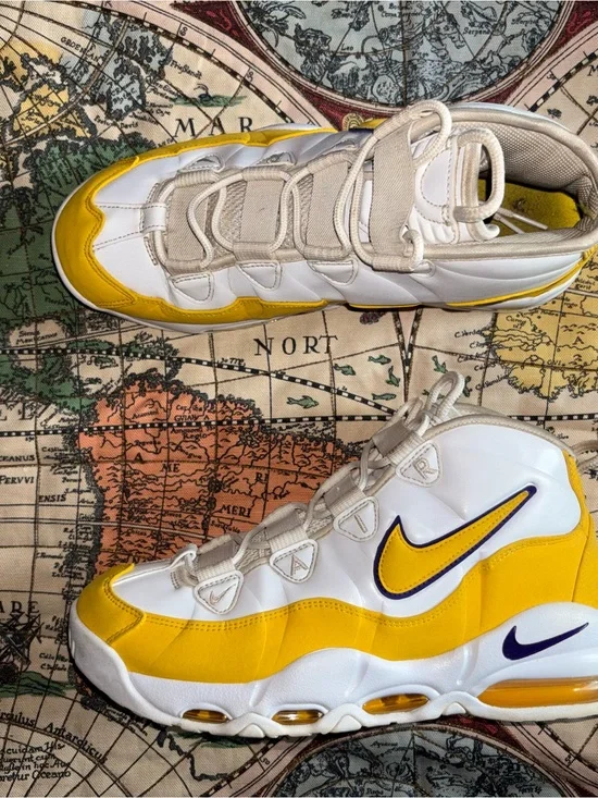 Nike  White and Yellow High-Top Sneakers with Purple Swoosh