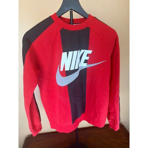 Nike Sportswear Mens Red Black Colorblock‎ Logo Crewneck Sweatshirt Size Small