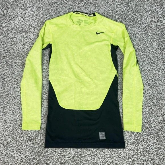 Nike Shirt Mens Small Yellow Long Sleeve Dri FIT Pro Combat Hyperwarm Lite Gym