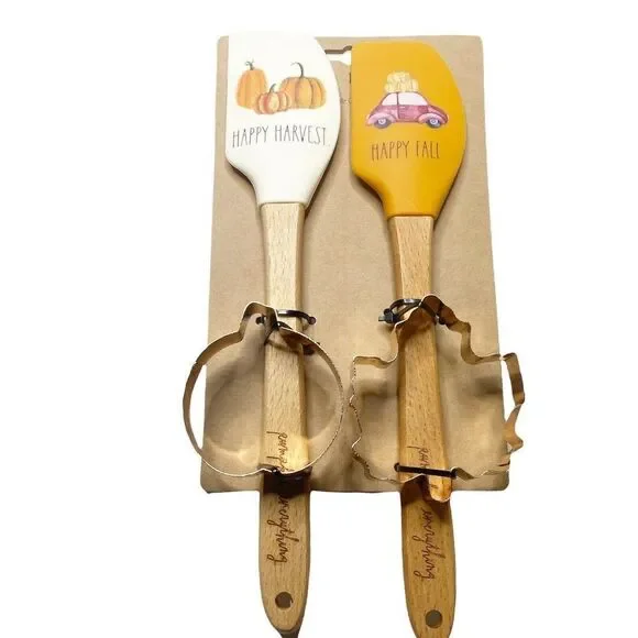 Rae Dunn Spatula Cookie Cutter Set Happy Harvest Orange Wooden Thanksgiving