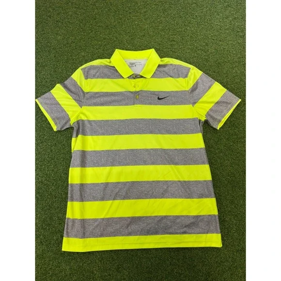 Nike Golf Mens‎ Dri-FIT Striped Polo Shirt Neon Yellow Grey Large Standard Fit