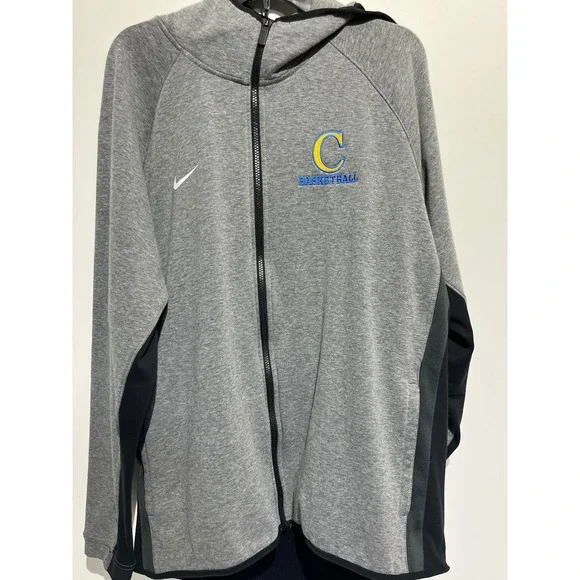 Nike Therma-FIT Mens Full Zip Scuba Hoodie Gray Black C Basketball Logo Jacket