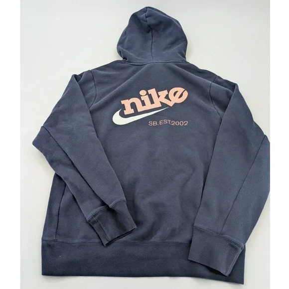 Nike SB Hoodie Mens Medium Navy Blue Pink Spell Out Big‎ Logo Back Hit EST 2002