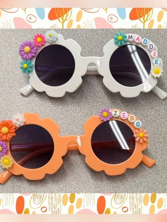 Pink Floral Scalloped Round Sunglasses - Personalized Beaded Detail