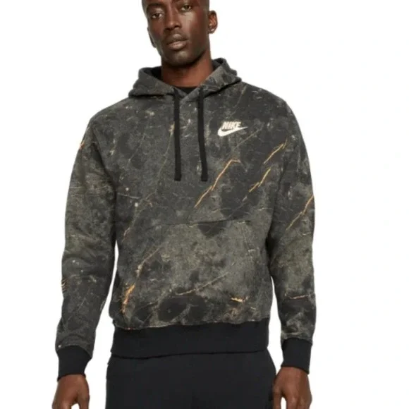 Nike Men's NSW Club Pullover‎ Hoodie Marble Print Gold Accent Sportswear Size S