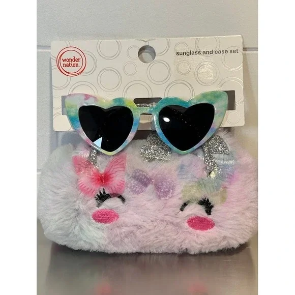 Wonder Nation Kids Heart Tie Dye Sunglasses and‎ Plush Faux Fur Case Set Purple