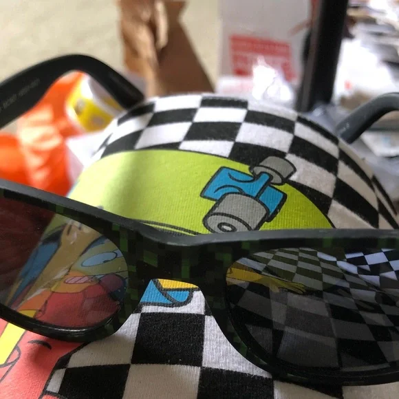 Green Pixel Frame Sunglasses on Checkerboard Skate Print