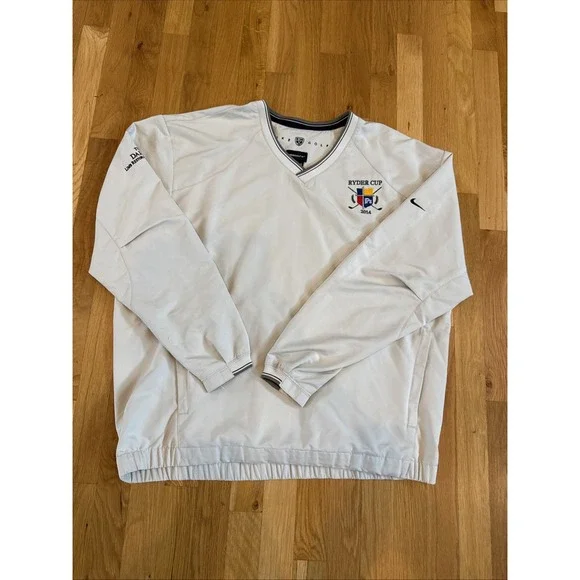 Nike Golf Windbreaker‎ Mens XL Cream V Neck LongSleeve Pockets Ryder Cup 2014