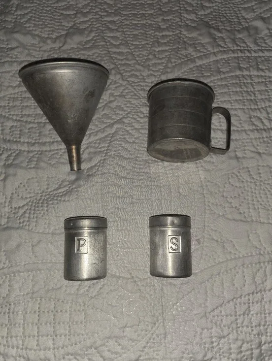 Vintage 1950s Aluminum Tin Funnel, Measuring Cup & Salt & Pepper Shakers
