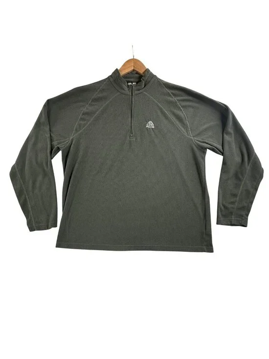 Nike ACG Pullover Mens Large Green Fleece 1/4 Zip Lightweight Grid Hiking Top