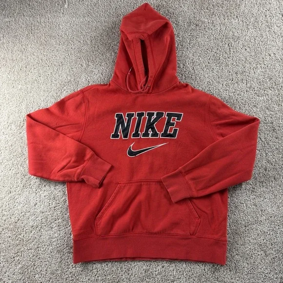 Nike Hoodie Mens Large Red Fleece Pullover Swoosh Logo Graphic Sweatshirt