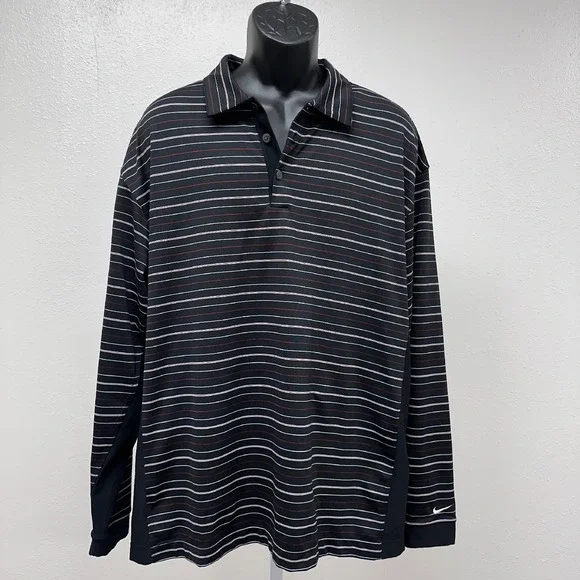 Nike Golf Dri-FIT UV Long Sleeve Striped‎ Black/White/Red Polo Shirt Athletic XL