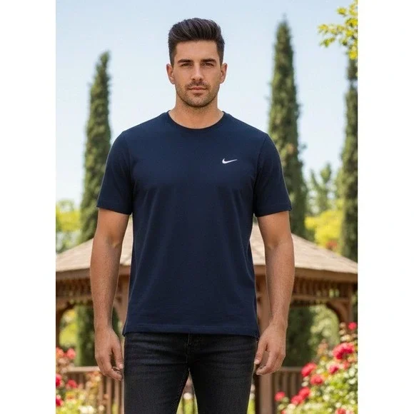 Nike Men's Dri-FIT Short Sleeve Athletic‎ Swoosh Logo T-Shirt Navy Blue Size L