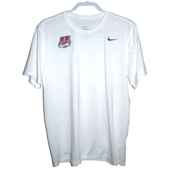 The NIKE Tee Athletic Cut white polyester short sleeve shirt WHEATON THUNDER LG